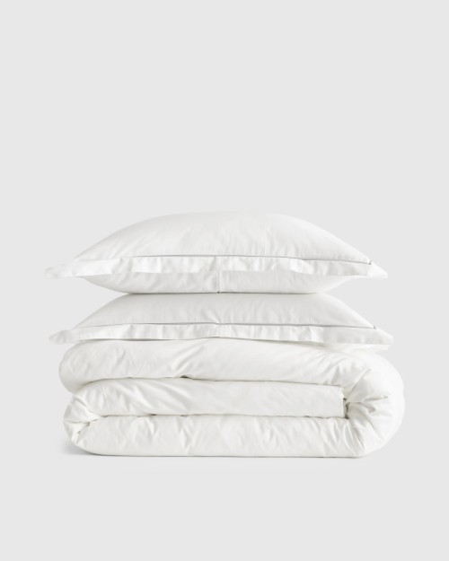 Classic Organic Percale Embroidered Duvet Cover Set - White/Grey