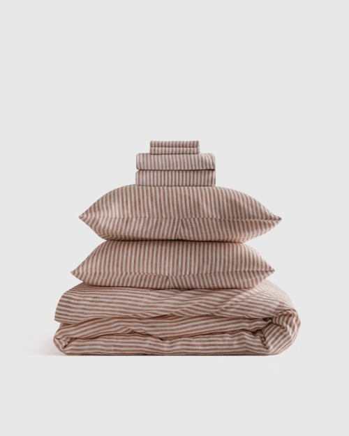 European Linen Duvet Deluxe Bundle - Terracotta/White Stripe