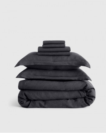 European Linen Double Flange Deluxe Bedding Bundle - Charcoal