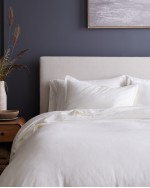 European Linen Double Embroidered Edge Duvet Cover Set - White with White Embroidery