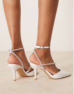 embellished cross strap heeled shoes in white