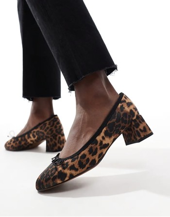 Wide Fit Shelley bow detail mid block heeled shoes in leopard