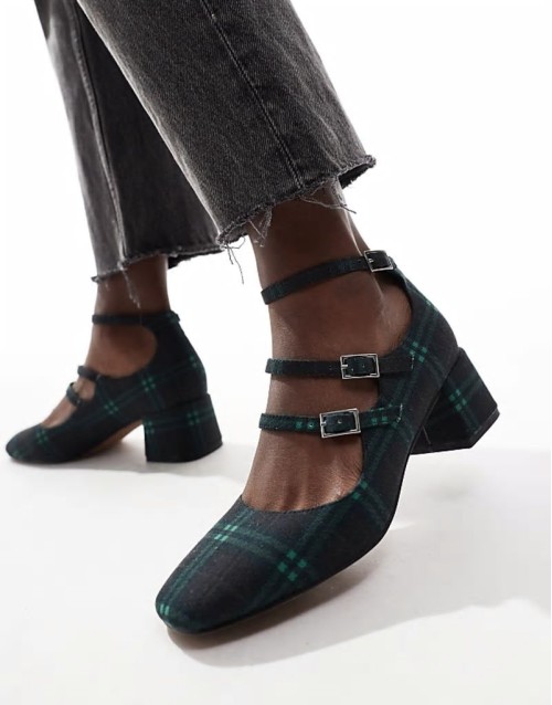 Socco mid heeled mary jane shoes in green check