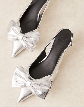 Wide Fit Secret bow slingback kitten heeled shoes in silver