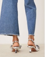 Wide Fit Secret bow slingback kitten heeled shoes in silver