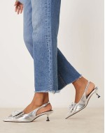 Wide Fit Secret bow slingback kitten heeled shoes in silver
