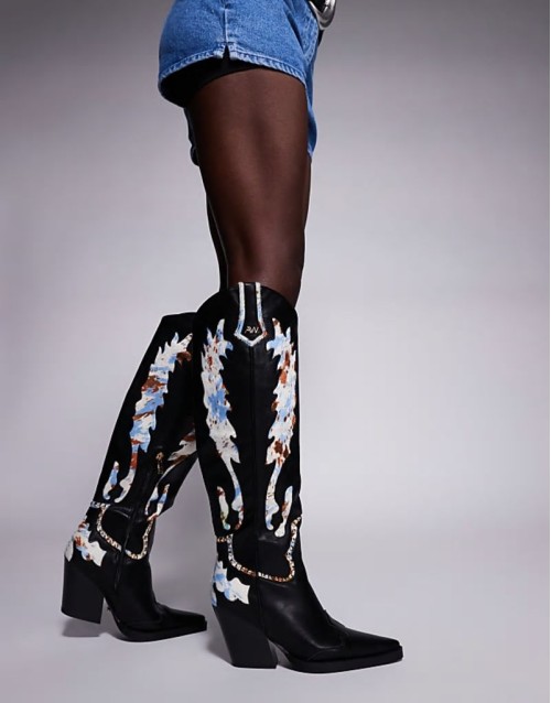 Dumas cow print western knee boots in black