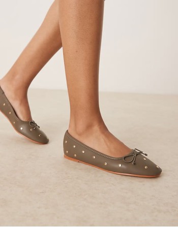Lynette high vamp studded ballets in khaki