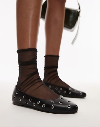 leather ballet pump with eyelet detail in black