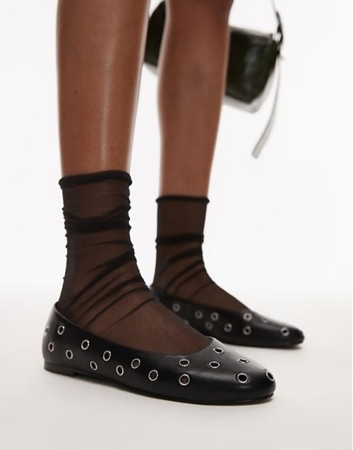 leather ballet pump with eyelet detail in black