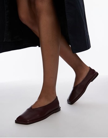 Charlotte leather square toe unlined flat shoes in burgundy