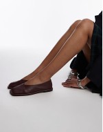 Charlotte leather square toe unlined flat shoes in burgundy