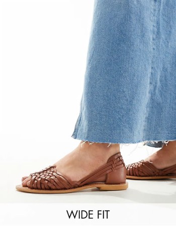 Wide Fit Francis leather woven flat sandals in tan
