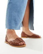 Wide Fit Francis leather woven flat sandals in tan