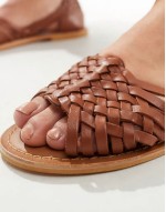 Wide Fit Francis leather woven flat sandals in tan
