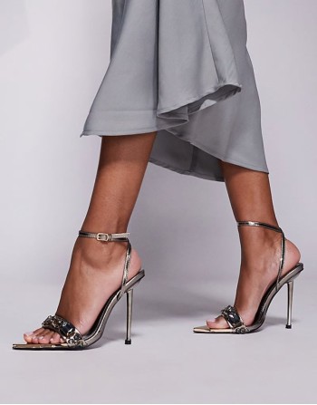 Icicle embellished mid heeled sandals in gun metal metallic
