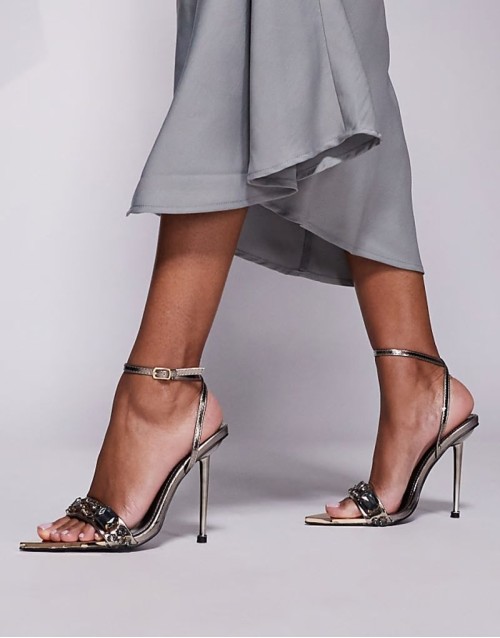 Icicle embellished mid heeled sandals in gun metal metallic